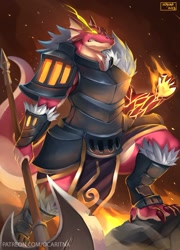 Size: 762x1061 | Tagged: safe, alternate version, artist:ocaritna, dragon, fictional species, anthro, armor, axe, female, fire, solo, solo female, tail, thick thighs, thighs, weapon