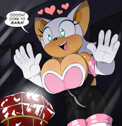 Size: 959x988 | Tagged: safe, artist:aeolus06, rouge the bat (sonic), bat, mammal, anthro, sega, sonic the hedgehog (series), against glass, armwear, big breasts, black clothing, black nose, blue eyeshadow, breast squish, breastplate, breasts, chiropteran, cleavage, clothes, dialogue, english text, eyelashes, eyeshadow, female, fully clothed, gem, glass, glistening, glistening body, gloves, hair, handwear, heart, heart eyes, makeup, multicolored face, multicolored skin, open mouth, open smile, short hair, short tail, skin, smiling, solo, solo female, speech bubble, standing, tail, talking, tan body, tan skin, teal eyes, text, white gloves, white hair, white handwear, white skin, wingding eyes