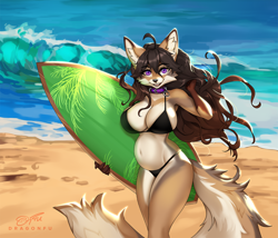 Size: 1500x1286 | Tagged: safe, alternate version, artist:dragonfu, oc, oc only, canine, fox, mammal, anthro, 2023, beach, belly button, bikini, breasts, clothes, commission, digital art, ears, eyelashes, female, fur, hair, looking at you, open mouth, pose, pregnant, sharp teeth, solo, solo female, surfboard, swimsuit, teeth, thighs, tongue, vixen, wide hips
