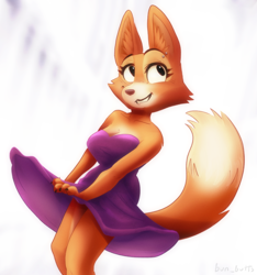 Size: 1656x1768 | Tagged: safe, artist:bun_butts, diane foxington (the bad guys), canine, fox, mammal, anthro, dreamworks animation, the bad guys, big breasts, big ears, big eyes, black eyes, breasts, cheek tuft, clothes, clothing lift, ears, eyebrow piercing, eyelashes, facial tuft, female, fluff, fur, high res, looking at you, multicolored fur, multicolored tail, orange body, orange fur, piercing, pink nose, purple clothing, purple dress, smiling, solo, solo female, tail, two toned body, two toned fur, wide eyes