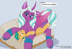 Size: 1280x875 | Tagged: suggestive, artist:digoraccoon, hitch trailblazer (mlp), opaline (mlp), alicorn, earth pony, equine, fictional species, mammal, pony, hasbro, my little pony, my little pony g5, the simpsons, spoiler:my little pony g5, :t, blaze (coat marking), body markings, coat markings, facial markings, female, head marking, hitchaline, hooves, i'm in danger, imminent sex, larger female, male, male/female, meme, ralph wiggum, shipping, simpsons did it, size difference, smaller male, snu-snu, socks (coat markings), this will end in snu snu, unshorn fetlocks