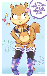 Size: 800x1280 | Tagged: suggestive, artist:disfigure, sandy cheeks (spongebob), mammal, rodent, squirrel, anthro, nickelodeon, spongebob squarepants (series), 2022, 2d, belly button, blushing, boots, bra, breasts, clothes, dialogue, english text, female, flower, front view, hand on hip, heart, maid outfit, plant, shoes, solo, solo female, talking, talking to viewer, text, underwear