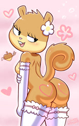 Size: 800x1280 | Tagged: suggestive, artist:disfigure, sandy cheeks (spongebob), mammal, rodent, squirrel, anthro, nickelodeon, spongebob squarepants (series), 2022, 2d, bedroom eyes, breasts, butt, clothes, female, flower, heart, legwear, looking at you, looking back, looking back at you, open mouth, plant, presenting, raised tail, solo, solo female, stockings, tail