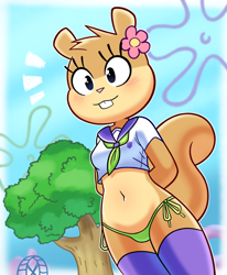 Size: 1400x1700 | Tagged: safe, artist:disfigure, sandy cheeks (spongebob), mammal, rodent, squirrel, anthro, nickelodeon, spongebob squarepants (series), 2023, 2d, belly button, bikini, bikini bottom, blushing, breasts, clothes, crop top, cropped shirt, female, flower, front view, hands behind back, midriff, plant, sailor outfit, smiling, solo, solo female, swimsuit, three-quarter view, topwear, tree