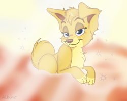 Size: 538x426 | Tagged: safe, artist:queen-quail, angel (lady and the tramp), canine, dog, mammal, pomeranian, feral, disney, lady and the tramp, cloud, cloudscape, female, fur, low res, solo, solo female, yellow body, yellow fur, yellow sky