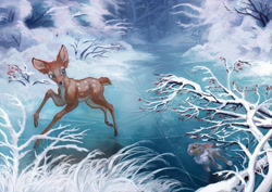 Size: 2560x1810 | Tagged: safe, artist:feurigensatan, bambi (bambi), thumper (bambi), cervid, deer, lagomorph, mammal, rabbit, feral, bambi (film), disney, duo, duo male, fawn, frost, frozen, ice, male, males only, plant, scenery, snow, tree, ungulate, winter, young