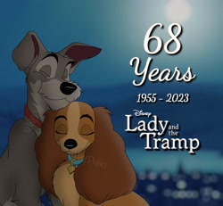 Size: 2600x2400 | Tagged: safe, artist:princed81855458, lady (lady and the tramp), tramp (lady and the tramp), canine, cocker spaniel, dog, mammal, spaniel, feral, disney, lady and the tramp, anniversary, collar, duo, female, love, male, moon, night