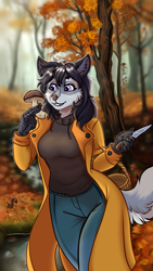Size: 875x1555 | Tagged: safe, artist:amber_wind, oc, oc only, oc:hioshiru, bird, canine, enfield, fictional species, fox, mammal, anthro, art fight, 2023, artfight 2023, autumn, basket, black hair, black nose, bottomwear, breasts, clothes, container, digital art, ears, eyelashes, female, forest, fur, gray body, gray fur, hair, knife, mushroom, outdoors, pants, plant, pose, purple eyes, solo, solo female, tail, thighs, tree, wide hips