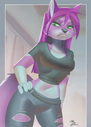 Size: 1626x2265 | Tagged: safe, artist:maaradjayt, oc, oc only, canine, mammal, wolf, anthro, art fight, 2023, artfight 2023, belly button, black nose, bottomwear, breasts, clothes, crop top, cropped shirt, digital art, ears, eyelashes, female, fur, hair, midriff, pants, pose, shirt, solo, solo female, thighs, topwear, wide hips