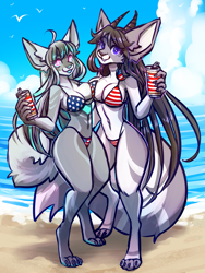 Size: 1125x1500 | Tagged: safe, artist:kaorisorahoshi, oc, oc only, canine, hybrid, mammal, anthro, digitigrade anthro, 2023, alcohol, american flag bikini, beach, beer, belly button, bikini, black nose, breasts, clothes, commission, detailed background, digital art, drink, duo, duo female, ears, eyelashes, female, females only, fur, hair, horns, looking at you, pose, swimsuit, thighs, wide hips