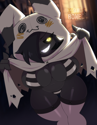 Size: 1200x1553 | Tagged: safe, artist:skwidbone, oc, oc only, fictional species, mimikyu, anthro, nintendo, pokémon, 2023, belly button, big breasts, bikini, black nose, black sclera, breasts, clothes, colored sclera, digital art, ears, eyelashes, female, flashing, fur, glowing, glowing eyes, hair, hair over one eye, legwear, looking at you, pose, smiling, smiling at you, solo, solo female, stockings, swimsuit, thighs, wide hips