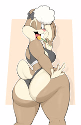 Size: 1404x2160 | Tagged: suggestive, artist:usnarbit, lagomorph, leporid, mammal, rabbit, anthro, big breasts, bow, breasts, buckteeth, butt, clothes, ears, female, hair, hair bow, huge butt, lollipop, long ears, looking at you, multicolored body, no pants, one eye closed, open mouth, panties, pantsless, raised tail, rear view, short hair, short tail, simple background, solo, solo female, sports bra, standing, tail, teeth, the ass was fat, thighs, three-quarter view, topwear, underwear, winking