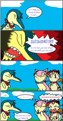 Size: 811x1555 | Tagged: safe, artist:the-great-b-man, oc, oc:b-man, oc:mitzi, oc:ty, cyndaquil, fictional species, mammal, meowth, skitty, feral, nintendo, pokémon, pokémon mystery dungeon, 2008, bandanna, cape, clothes, comic, cute, dialogue, dissapointment, fail, female, fur, group, hair, intimidator, iq skill, laughing, male, messy hair, not according to plan, outdoors, pokémon mystery dungeon: explorers, rescue team, sky, speech bubble, squeeing, starter pokémon, talking, text, trio