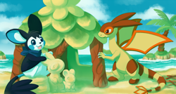 Size: 1600x855 | Tagged: safe, artist:yakalentos, emolga, fictional species, flygon, feral, nintendo, pokémon, pokémon mystery dungeon, 2021, ambiguous gender, bandanna, beach, clothes, cloud, commission, construction, duo, log, ocean, outdoors, palm tree, plant, sand, sand sculpture, shelter, sky, tree, water