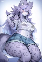 Size: 1365x2048 | Tagged: safe, artist:suurin_2, big cat, feline, mammal, snow leopard, anthro, blushing, bra, clothes, female, jean shorts, see-through, shirt, solo, solo female, tail, thick thighs, thighs, topwear, underwear, wide hips