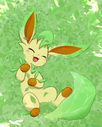 Size: 1280x1600 | Tagged: safe, artist:kenikenikeke, eeveelution, fictional species, leafeon, mammal, feral, nintendo, pokémon, 2023, 2d, ambiguous gender, black nose, blushing, cute, detailed background, digital art, ears, eyes closed, fur, open mouth, paws, solo, solo ambiguous, tail, tongue