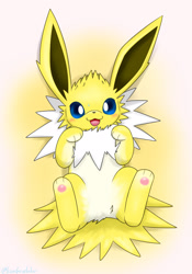 Size: 1120x1600 | Tagged: safe, artist:kenikenikeke, eeveelution, fictional species, jolteon, mammal, feral, nintendo, pokémon, 2023, 2d, ambiguous gender, bed, behaving like a cat, cute, digital art, ears, fluff, fur, looking at you, lying down, lying on bed, neck fluff, on bed, open mouth, paw pads, paws, solo, solo ambiguous, tail, tongue