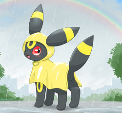 Size: 1600x1480 | Tagged: safe, alternate version, artist:kenikenikeke, eeveelution, fictional species, mammal, umbreon, feral, nintendo, pokémon, 2023, 2d, ambiguous gender, black nose, blushing, butt, clothes, colored sclera, cute, digital art, ears, fur, one eye closed, open mouth, paws, rain, rainbow, raincoat, rear view, red sclera, solo, solo ambiguous, tongue, winking