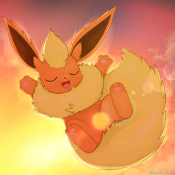 Size: 1600x1600 | Tagged: safe, artist:kenikenikeke, eeveelution, fictional species, flareon, mammal, feral, nintendo, pokémon, 2023, 2d, ambiguous gender, black nose, blushing, cute, digital art, ears, eyes closed, fluff, fur, neck fluff, open mouth, paw pads, paws, solo, solo ambiguous, tongue