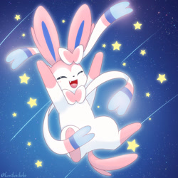Size: 1600x1600 | Tagged: safe, artist:kenikenikeke, eeveelution, fictional species, mammal, sylveon, feral, nintendo, pokémon, 2023, 2d, ambiguous gender, black nose, blushing, cute, digital art, ears, eyes closed, fur, open mouth, paws, ribbons (body part), solo, solo ambiguous, tongue