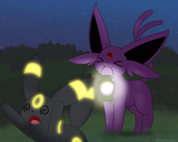Size: 1600x1280 | Tagged: safe, artist:kenikenikeke, eeveelution, espeon, fictional species, mammal, umbreon, feral, nintendo, pokémon, 2023, 2d, ambiguous gender, ambiguous only, black nose, blushing, detailed background, digital art, duo, duo ambiguous, ears, fur, glowing, holding, lamp, mouth hold, night, open mouth, paws, swirly eyes, tongue