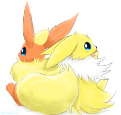 Size: 1600x1520 | Tagged: safe, artist:kenikenikeke, eeveelution, fictional species, flareon, jolteon, mammal, feral, nintendo, pokémon, 2023, 2d, ambiguous gender, ambiguous only, black nose, blushing, digital art, duo, duo ambiguous, ears, fluff, fur, hair, looking at you, looking back, looking back at you, neck fluff, paws, rear view, simple background, sitting, white background