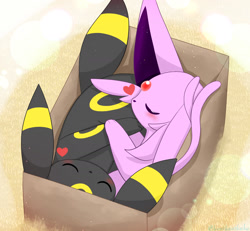 Size: 1600x1480 | Tagged: safe, artist:kenikenikeke, eeveelution, espeon, fictional species, mammal, umbreon, feral, nintendo, pokémon, 2022, 2d, ambiguous gender, ambiguous only, behaving like a cat, black nose, blushing, box, cheek fluff, container, cute, digital art, duo, duo ambiguous, ears, featured image, fluff, fur, if i fits i sits, paws, sleeping, sleeping together