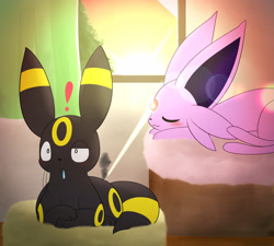 Size: 1600x1440 | Tagged: safe, artist:kenikenikeke, eeveelution, espeon, fictional species, mammal, umbreon, feral, nintendo, pokémon, 2022, 2d, ambiguous gender, ambiguous only, black nose, blushing, detailed background, digital art, drooling, duo, duo ambiguous, ears, eyes closed, fur, loafing, lying down, paws, prone, saliva, sleeping, this will not end well, tired