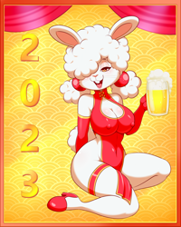 Size: 1440x1800 | Tagged: suggestive, artist:lonbluewolf, lagomorph, mammal, rabbit, anthro, 2023, 2d, alcohol, bedroom eyes, beer, big breasts, blushing, breast blush, breasts, chinese new year, clothes, drink, female, fur, hair, high heels, looking at you, nipple outline, pigtails, shoes, sitting, smiling, smiling at you, solo, solo female, white body, white fur, wide hips, year of the rabbit, yellow eyes