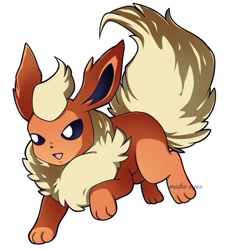 Size: 1172x1280 | Tagged: safe, artist:mako-eyes, eeveelution, fictional species, flareon, mammal, feral, nintendo, pokémon, 2d, ambiguous gender, blue eyes, front view, fur, hair, open mouth, orange body, orange fur, simple background, solo, solo ambiguous, tail, three-quarter view, white background, yellow hair, yellow tail