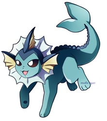 Size: 1131x1280 | Tagged: safe, artist:mako-eyes, eeveelution, fictional species, mammal, vaporeon, feral, nintendo, pokémon, 2d, ambiguous gender, blue body, blue fur, brown eyes, front view, fur, open mouth, simple background, solo, solo ambiguous, three-quarter view, white background