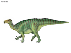 Size: 1024x768 | Tagged: safe, artist:cisiopurple, dinosaur, feral, ambiguous gender, kukufeldia, non-sapient, realistic, side view, simple background, solo, solo ambiguous, text, white background
