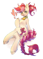 Size: 2048x2834 | Tagged: safe, alternate version, artist:draco zero, roseluck (mlp), earth pony, equine, fictional species, mammal, pony, semi-anthro, friendship is magic, hasbro, my little pony, alternate hairstyle, bell, bell collar, braid, braided tail, collar, commission, commissioner:doom9454, crossed legs, cute, hair, pony pet, ponytail, ribbon, rosepet, simple background, sitting, solo, tail, white background