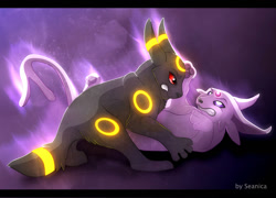 Size: 1054x758 | Tagged: safe, artist:seanica, eeveelution, espeon, fictional species, mammal, umbreon, feral, nintendo, pokémon, 2d, ambiguous gender, ambiguous only, angry, duo, duo ambiguous, fighting, letterboxing, looking at each other, paw pads, paws