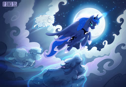 Size: 1077x742 | Tagged: safe, artist:seanica, princess luna (mlp), alicorn, bovid, caprine, equine, fictional species, mammal, pony, sheep, feral, friendship is magic, hasbro, my little pony, 2015, 2d, cloud, female, flying, full moon, mare, moon, night, night sky, sky, smiling, solo, solo female, stars, ungulate