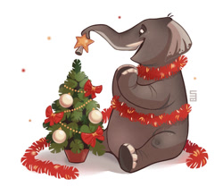 Size: 957x800 | Tagged: safe, artist:seanica, elephant, mammal, feral, 2018, 2d, ambiguous gender, christmas, christmas tree, conifer tree, holiday, open mouth, open smile, ornaments, sitting, smiling, solo, solo ambiguous, tree, ungulate