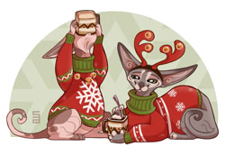 Size: 1076x743 | Tagged: safe, artist:seanica, cat, feline, mammal, sphynx cat, feral, 2018, 2d, ambiguous gender, ambiguous only, christmas, clothes, drink, drinking, duo, duo ambiguous, fake antlers, food, holiday, hot chocolate, marshmallow, sweater, topwear