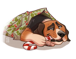 Size: 1011x784 | Tagged: safe, artist:seanica, canine, dog, mammal, feral, 2018, 2d, ambiguous gender, candy, candy cane, christmas, clothes, food, hat, headwear, holiday, lying down, prone, santa hat, simple background, solo, solo ambiguous, white background