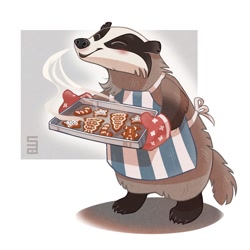 Size: 800x800 | Tagged: safe, artist:seanica, badger, mammal, mustelid, semi-anthro, 2018, 2d, ambiguous gender, blushing, christmas, cookie, eyes closed, food, front view, gingerbread cookie, holiday, smiling, sniffing, solo, solo ambiguous, standing, three-quarter view