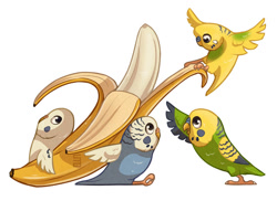 Size: 1049x762 | Tagged: safe, artist:seanica, bird, budgerigar, parrot, feral, 2018, 2d, ambiguous gender, ambiguous only, banana, cute, food, fruit, group, simple background, white background
