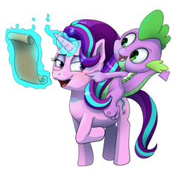 Size: 1456x1457 | Tagged: safe, artist:turkojar, spike (mlp), starlight glimmer (mlp), dragon, equine, fictional species, mammal, pony, unicorn, western dragon, feral, semi-anthro, friendship is magic, hasbro, my little pony, 2023, 2d, blushing, double outline, duo, duo male and female, female, fur, green eyes, hair, horn, looking at each other, male, mane, mare, multicolored hair, multicolored tail, open mouth, open smile, pink body, pink fur, pointing, purple body, purple eyes, scroll, simple background, smiling, tail, telekinesis, transparent background, two toned hair, two toned tail, ungulate, young