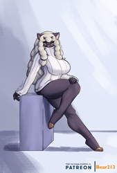 Size: 1378x2039 | Tagged: safe, artist:bear213, fictional species, mammal, wooloo, nintendo, pokémon, artheart213, big breasts, breasts, clothes, female, sweater, thighs, topwear