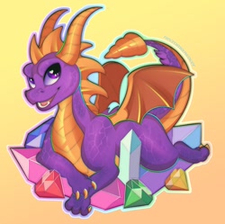 Size: 1200x1196 | Tagged: safe, artist:necromeowncer, spyro the dragon (spyro), dragon, fictional species, western dragon, feral, spyro the dragon (series), 2d, double outline, gem, gradient background, male, open mouth, open smile, purple body, purple eyes, smiling, solo, solo male, yellow body