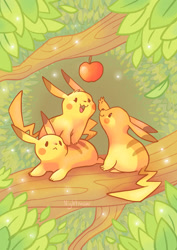 Size: 1280x1811 | Tagged: safe, artist:nightmaw, fictional species, mammal, pikachu, feral, nintendo, pokémon, 2d, ambiguous gender, ambiguous only, apple, cute, food, fruit, fur, group, open mouth, open smile, plant, reaching, signature, sitting, smiling, tree, trio, trio ambiguous, wholesome, yellow body, yellow fur