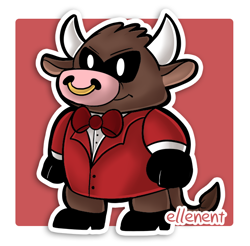Size: 600x591 | Tagged: safe, artist:arijuka, bovid, bull, cattle, mammal, semi-anthro, mario (series), nintendo, paper mario, 2d, bow, bow tie, chibi, clothes, commission, double outline, front view, male, nose piercing, nose ring, piercing, smiling, solo, solo male, standing, style emulation, suit, three-quarter view