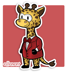 Size: 600x654 | Tagged: safe, artist:arijuka, giraffe, mammal, semi-anthro, mario (series), nintendo, paper mario, 2d, bow, bow tie, chibi, clothes, commission, cute, double outline, front view, male, smiling, solo, solo male, standing, style emulation, suit, three-quarter view, ungulate