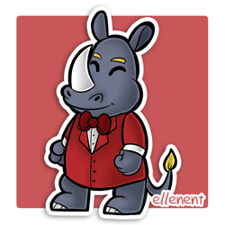 Size: 600x600 | Tagged: safe, artist:arijuka, mammal, rhino, semi-anthro, mario (series), nintendo, paper mario, 2d, bow, bow tie, chibi, clothes, commission, cute, double outline, eyes closed, front view, male, smiling, solo, solo male, standing, style emulation, suit, three-quarter view
