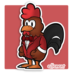 Size: 600x600 | Tagged: safe, artist:arijuka, bird, chicken, galliform, semi-anthro, mario (series), nintendo, paper mario, 2d, bow, bow tie, chibi, clothes, commission, cute, double outline, front view, male, rooster, smiling, solo, solo male, standing, style emulation, suit, three-quarter view