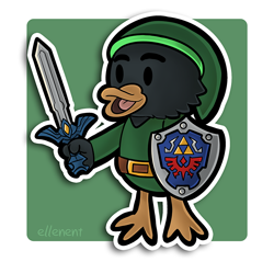 Size: 800x764 | Tagged: safe, artist:arijuka, link (zelda), bird, duck, waterfowl, semi-anthro, mario (series), nintendo, paper mario, the legend of zelda, 2022, 2d, chibi, commission, cute, front view, male, shield, solo, solo male, standing, style emulation, sword, three-quarter view, tunic, weapon