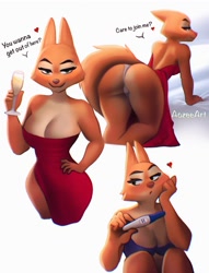 Size: 1130x1479 | Tagged: suggestive, artist:aozee, diane foxington (the bad guys), canine, fox, mammal, anthro, dreamworks animation, the bad guys, 2023, bedroom eyes, blushing, bottomwear, bra, breasts, butt, clothes, digital art, dress, ears, eyelashes, female, fur, hand on hip, panties, picture-in-picture, pink nose, pregnancy test, presenting, rear view, sideboob, simple background, solo, solo female, tail, thighs, underwear, vixen, white background, wide hips
